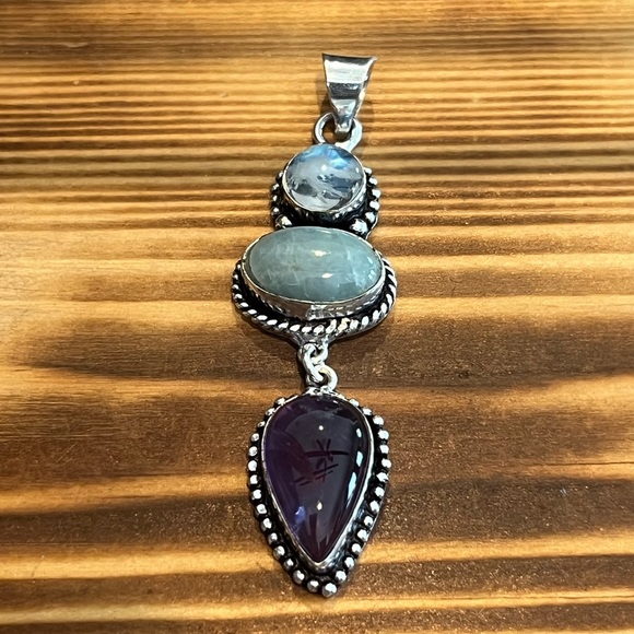 Amethyst, Aquamarine & Rainbow 🌈 Moonstone Handcrafted Pendant NWOT - Picture 4 of 17